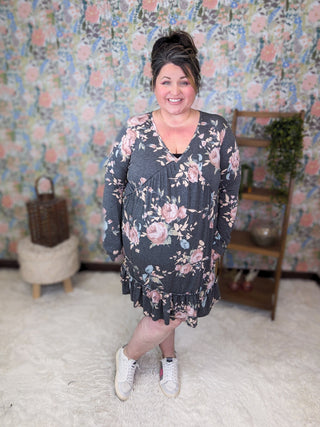 Macie Long Sleeve Babydoll Dress in Charcoal Floral-11- Dress/Romp/Jump-HEIMISH-Styled by Stacked - A Plus Size Women's Boutique in Lakeville, MN