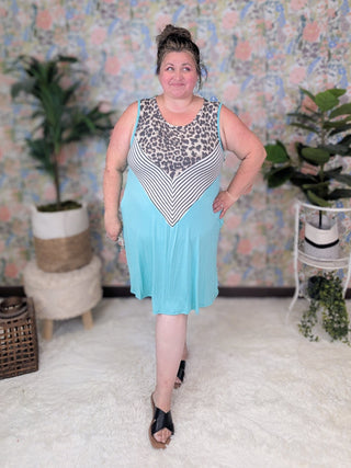 SALE- Eden Animal + Stripe Chevron Tank Dress in Bright Aqua***-1- ShortSlv/Slvless Tops-HEIMISH-Styled by Stacked - A Plus Size Women's Boutique in Lakeville, MN