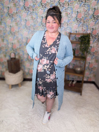 Macie Long Sleeve Babydoll Dress in Charcoal Floral-11- Dress/Romp/Jump-HEIMISH-Styled by Stacked - A Plus Size Women's Boutique in Lakeville, MN
