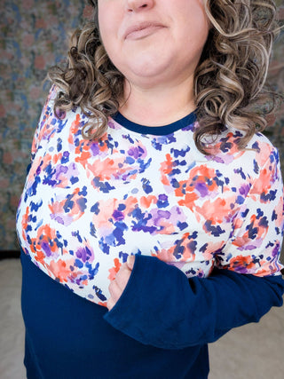 Triple Stretch Pullover in Navy + Painted Floral-2- Long Sleeve Tops-MICHELLE MAE-Styled by Stacked - A Plus Size Women's Boutique in Lakeville, MN