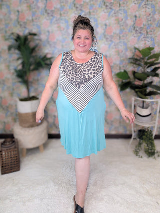 SALE- Eden Animal + Stripe Chevron Tank Dress in Bright Aqua***-1- ShortSlv/Slvless Tops-HEIMISH-Styled by Stacked - A Plus Size Women's Boutique in Lakeville, MN