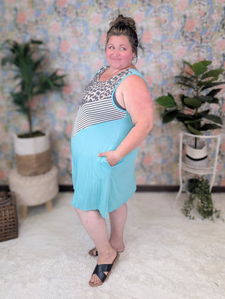 SALE- Eden Animal + Stripe Chevron Tank Dress in Bright Aqua***-1- ShortSlv/Slvless Tops-HEIMISH-Styled by Stacked - A Plus Size Women's Boutique in Lakeville, MN