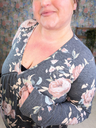 Macie Long Sleeve Babydoll Dress in Charcoal Floral-11- Dress/Romp/Jump-HEIMISH-Styled by Stacked - A Plus Size Women's Boutique in Lakeville, MN