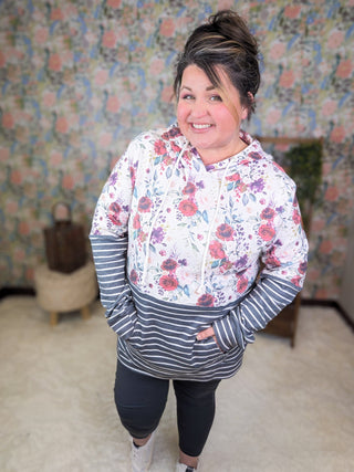 PHC- Triple Stretch Pullover Hoodie in Burgundy Bloom + Gray-3- Hooded Tops-MICHELLE MAE-Styled by Stacked - A Plus Size Women's Boutique in Lakeville, MN
