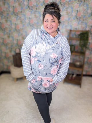 PHC- Triple Stretch Zipcowl in Vintage Gray Floral-3- Hooded Tops-MICHELLE MAE-Styled by Stacked - A Plus Size Women's Boutique in Lakeville, MN