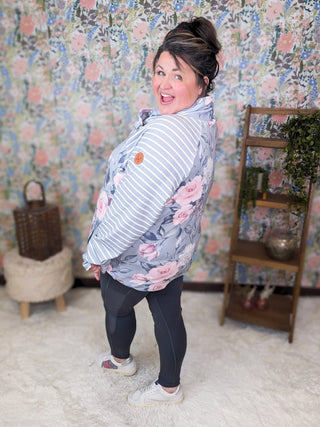 PHC- Triple Stretch Zipcowl in Vintage Gray Floral-3- Hooded Tops-MICHELLE MAE-Styled by Stacked - A Plus Size Women's Boutique in Lakeville, MN