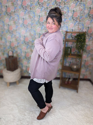 Mollie Scuba Knit Buttondown Top in Dusty Purple-4- Overlayer Tops-WHITE BIRCH-Styled by Stacked - A Plus Size Women's Boutique in Lakeville, MN