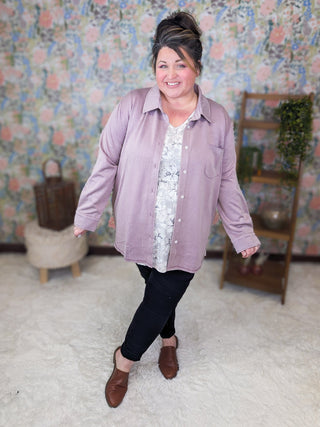 Mollie Scuba Knit Buttondown Top in Dusty Purple-4- Overlayer Tops-WHITE BIRCH-Styled by Stacked - A Plus Size Women's Boutique in Lakeville, MN