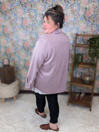 Mollie Scuba Knit Buttondown Top in Dusty Purple-4- Overlayer Tops-WHITE BIRCH-Styled by Stacked - A Plus Size Women's Boutique in Lakeville, MN
