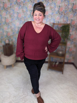 Bethanie Bow Back Sweater in Burgundy-2- Long Sleeve Tops-MICHELLE MAE-Styled by Stacked - A Plus Size Women's Boutique in Lakeville, MN