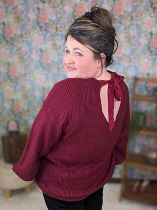 Bethanie Bow Back Sweater in Burgundy-2- Long Sleeve Tops-MICHELLE MAE-Styled by Stacked - A Plus Size Women's Boutique in Lakeville, MN