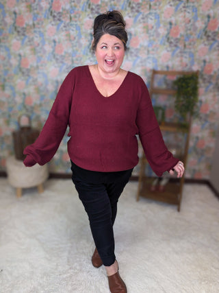 Bethanie Bow Back Sweater in Burgundy-2- Long Sleeve Tops-MICHELLE MAE-Styled by Stacked - A Plus Size Women's Boutique in Lakeville, MN