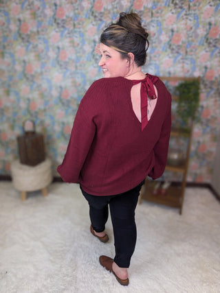Bethanie Bow Back Sweater in Burgundy-2- Long Sleeve Tops-MICHELLE MAE-Styled by Stacked - A Plus Size Women's Boutique in Lakeville, MN