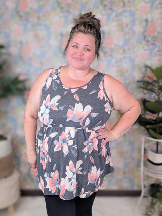 Tabitha Scoopneck Babydoll Tank in Charcoal Floral-1- ShortSlv/Slvless Tops-sweet lovely by jen-Styled by Stacked - A Plus Size Women's Boutique in Lakeville, MN
