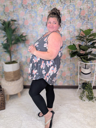 Tabitha Scoopneck Babydoll Tank in Charcoal Floral-1- ShortSlv/Slvless Tops-sweet lovely by jen-Styled by Stacked - A Plus Size Women's Boutique in Lakeville, MN