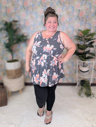 Tabitha Scoopneck Babydoll Tank in Charcoal Floral-1- ShortSlv/Slvless Tops-sweet lovely by jen-Styled by Stacked - A Plus Size Women's Boutique in Lakeville, MN
