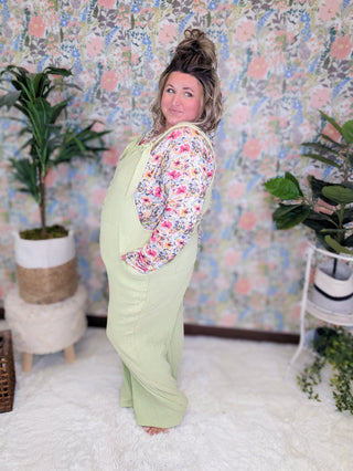 Odessa Muslin Gauze Overalls in Sage Lime-11- Dress/Romp/Jump-WHITE BIRCH-Styled by Stacked - A Plus Size Women's Boutique in Lakeville, MN