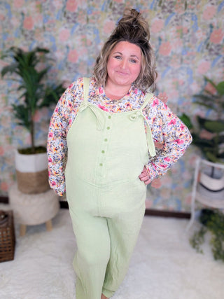 Odessa Muslin Gauze Overalls in Sage Lime-11- Dress/Romp/Jump-WHITE BIRCH-Styled by Stacked - A Plus Size Women's Boutique in Lakeville, MN