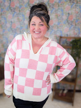 Maureen Pink Checkered Luxe Hooded Sweater-3- Hooded Tops-MICHELLE MAE-Styled by Stacked - A Plus Size Women's Boutique in Lakeville, MN