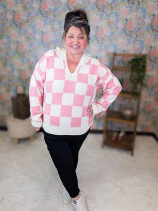 Maureen Pink Checkered Luxe Hooded Sweater-3- Hooded Tops-MICHELLE MAE-Styled by Stacked - A Plus Size Women's Boutique in Lakeville, MN