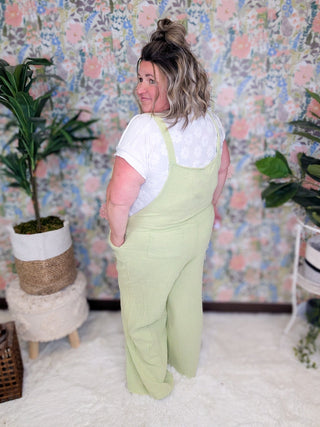 Odessa Muslin Gauze Overalls in Sage Lime-11- Dress/Romp/Jump-WHITE BIRCH-Styled by Stacked - A Plus Size Women's Boutique in Lakeville, MN