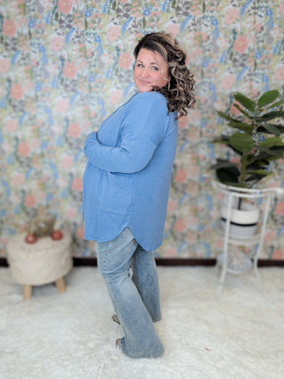 Zoey Urban Ribbed Open Cardigan in Denim Blue-4- Overlayer Tops-HEIMISH-Styled by Stacked - A Plus Size Women's Boutique in Lakeville, MN