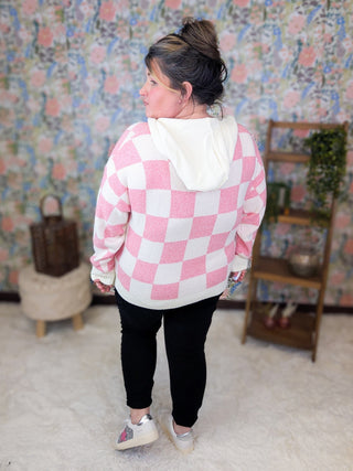 Maureen Pink Checkered Luxe Hooded Sweater-3- Hooded Tops-MICHELLE MAE-Styled by Stacked - A Plus Size Women's Boutique in Lakeville, MN