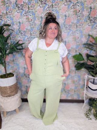 Odessa Muslin Gauze Overalls in Sage Lime-11- Dress/Romp/Jump-WHITE BIRCH-Styled by Stacked - A Plus Size Women's Boutique in Lakeville, MN