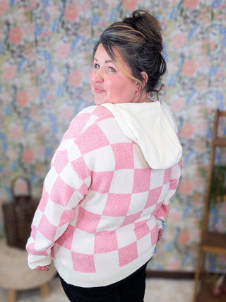 Maureen Pink Checkered Luxe Hooded Sweater-3- Hooded Tops-MICHELLE MAE-Styled by Stacked - A Plus Size Women's Boutique in Lakeville, MN