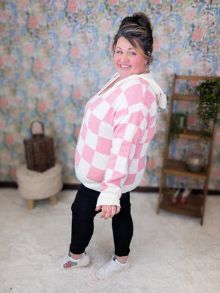 Maureen Pink Checkered Luxe Hooded Sweater-3- Hooded Tops-MICHELLE MAE-Styled by Stacked - A Plus Size Women's Boutique in Lakeville, MN