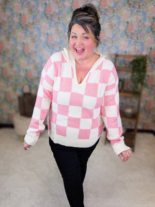 Maureen Pink Checkered Luxe Hooded Sweater-3- Hooded Tops-MICHELLE MAE-Styled by Stacked - A Plus Size Women's Boutique in Lakeville, MN
