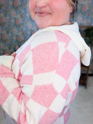Maureen Pink Checkered Luxe Hooded Sweater-3- Hooded Tops-MICHELLE MAE-Styled by Stacked - A Plus Size Women's Boutique in Lakeville, MN