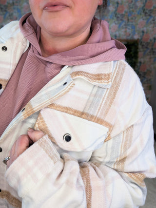 Norah Plaid Shacket in Neutral + Blush-4- Overlayer Tops-MICHELLE MAE-Styled by Stacked - A Plus Size Women's Boutique in Lakeville, MN