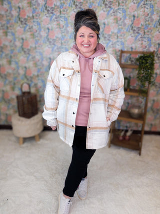 Norah Plaid Shacket in Neutral + Blush-4- Overlayer Tops-MICHELLE MAE-Styled by Stacked - A Plus Size Women's Boutique in Lakeville, MN