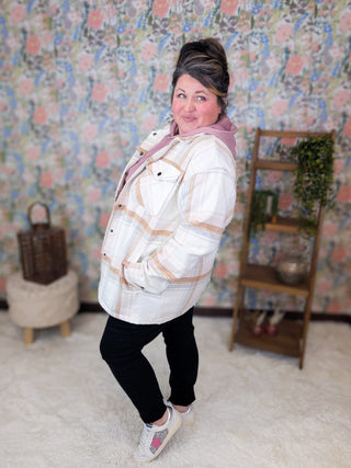 Norah Plaid Shacket in Neutral + Blush-4- Overlayer Tops-MICHELLE MAE-Styled by Stacked - A Plus Size Women's Boutique in Lakeville, MN