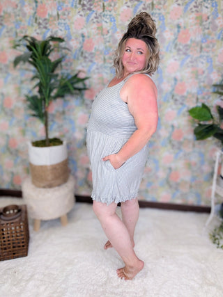 SALE- Raenee Ruffle Accent Romper in Gray + White Stripes-11- Dress/Romp/Jump-WHITE BIRCH-Styled by Stacked - A Plus Size Women's Boutique in Lakeville, MN