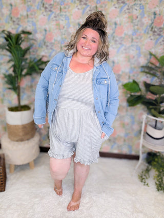 SALE- Raenee Ruffle Accent Romper in Gray + White Stripes-11- Dress/Romp/Jump-WHITE BIRCH-Styled by Stacked - A Plus Size Women's Boutique in Lakeville, MN