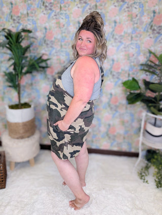 SALE- Kiera Camo Print Sweat Style Overall Shorts-11- Dress/Romp/Jump-WHITE BIRCH-Styled by Stacked - A Plus Size Women's Boutique in Lakeville, MN
