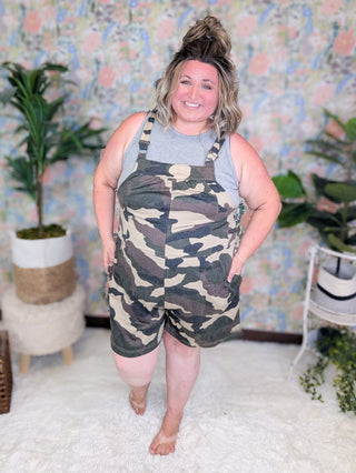 SALE- Kiera Camo Print Sweat Style Overall Shorts-11- Dress/Romp/Jump-WHITE BIRCH-Styled by Stacked - A Plus Size Women's Boutique in Lakeville, MN