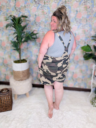 SALE- Kiera Camo Print Sweat Style Overall Shorts-11- Dress/Romp/Jump-WHITE BIRCH-Styled by Stacked - A Plus Size Women's Boutique in Lakeville, MN