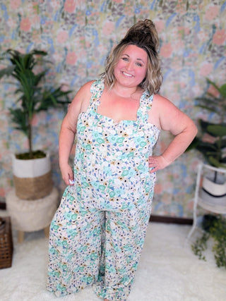 SALE- Lainey Wide Leg Jumpsuit in Sage Watercolor Floral-11- Dress/Romp/Jump-KORI-Styled by Stacked - A Plus Size Women's Boutique in Lakeville, MN