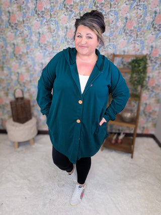 RuthAnn Buttondown Hooded Shirket in Teal Evergreen-4- Overlayer Tops-HEIMISH-Styled by Stacked - A Plus Size Women's Boutique in Lakeville, MN