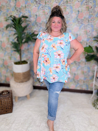Eleanor Flowy Tiered Top in Aqua Mint Floral-1- ShortSlv/Slvless Tops-BE STAGE-Styled by Stacked - A Plus Size Women's Boutique in Lakeville, MN