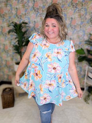Eleanor Flowy Tiered Top in Aqua Mint Floral-1- ShortSlv/Slvless Tops-BE STAGE-Styled by Stacked - A Plus Size Women's Boutique in Lakeville, MN