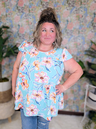 Eleanor Flowy Tiered Top in Aqua Mint Floral-1- ShortSlv/Slvless Tops-BE STAGE-Styled by Stacked - A Plus Size Women's Boutique in Lakeville, MN