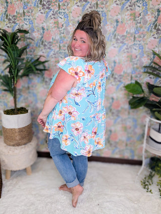 Eleanor Flowy Tiered Top in Aqua Mint Floral-1- ShortSlv/Slvless Tops-BE STAGE-Styled by Stacked - A Plus Size Women's Boutique in Lakeville, MN