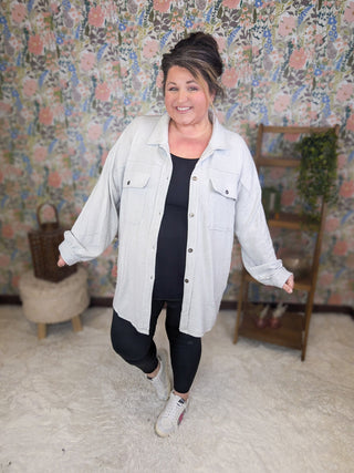 Geralyn Cozy Knit Buttondown Shirket in Heather Gray-4- Overlayer Tops-WHITE BIRCH-Styled by Stacked - A Plus Size Women's Boutique in Lakeville, MN