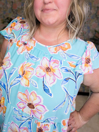 Eleanor Flowy Tiered Top in Aqua Mint Floral-1- ShortSlv/Slvless Tops-BE STAGE-Styled by Stacked - A Plus Size Women's Boutique in Lakeville, MN
