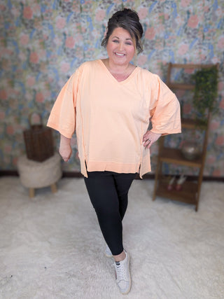 Malia Vneck Athleisure Pullover in Apricot-2- Long Sleeve Tops-WHITE BIRCH-Styled by Stacked - A Plus Size Women's Boutique in Lakeville, MN