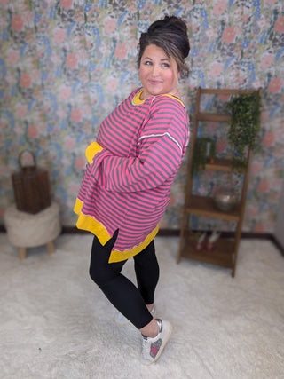 Ally Pink Striped Pullover w/Side Slits-4- Overlayer Tops-WHITE BIRCH-Styled by Stacked - A Plus Size Women's Boutique in Lakeville, MN
